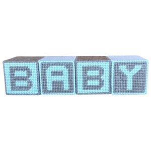 Hand Crafted Needlepoint Plastic Canvas BABY Blocks Blue Gray Nursery Décor Gift